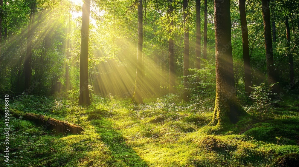 Fototapeta premium Sunlight streams through a dense green forest illuminating the ground.