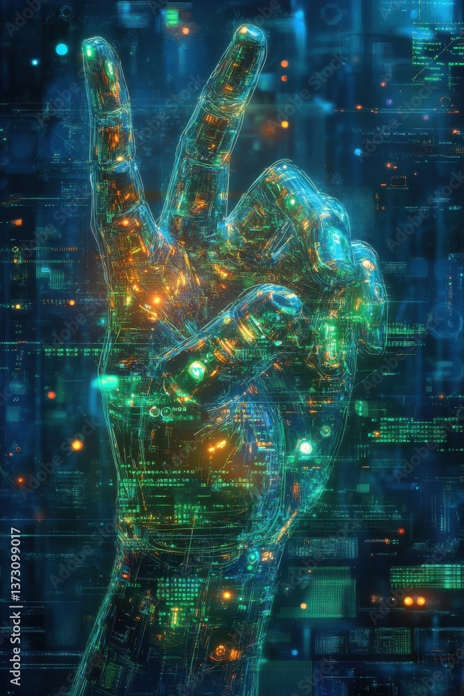 Futuristic digital illustration of a glowing cybernetic hand among neon lights Futuristic digital illustration of a glowing cybernetic hand among neon lights