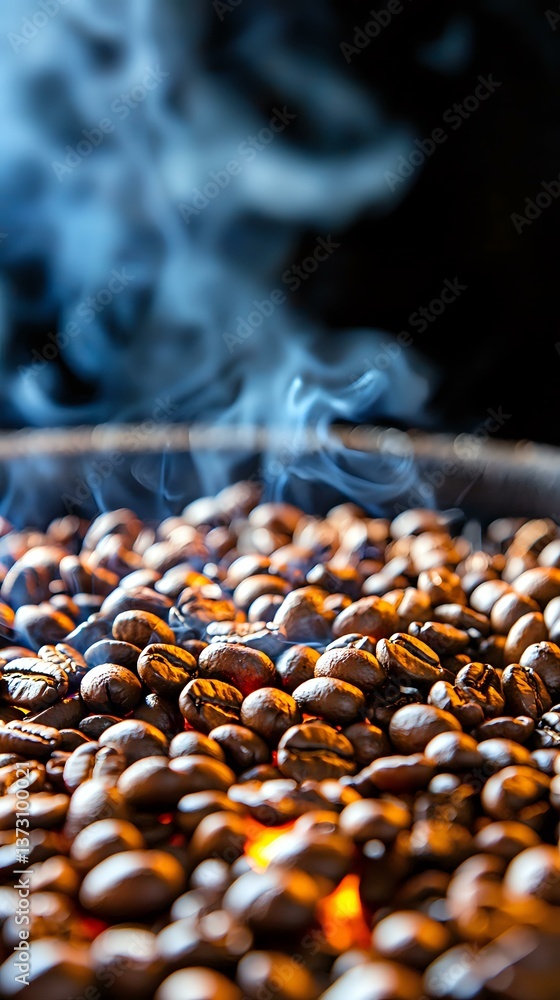 Obraz premium Fresh coffee beans roasting with rising blue smoke and visible heat, macro shot showing rich brown colors and natural texture for food and beverage industry.