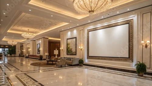 A grand hotel lobby featuring ornate chandeliers, marble floors, and elegant seating areas with artwork