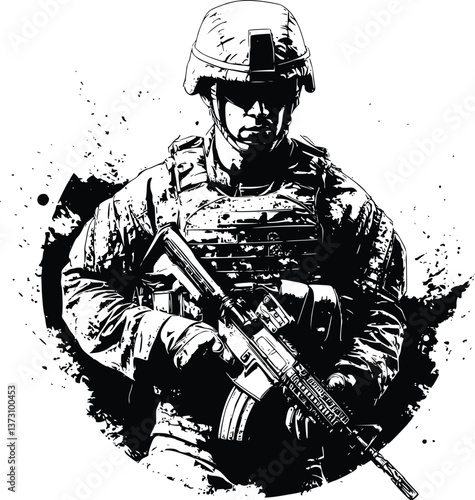 Vector Grunge Illustration of a Marine Walking While Holding His Rifle in Black and White