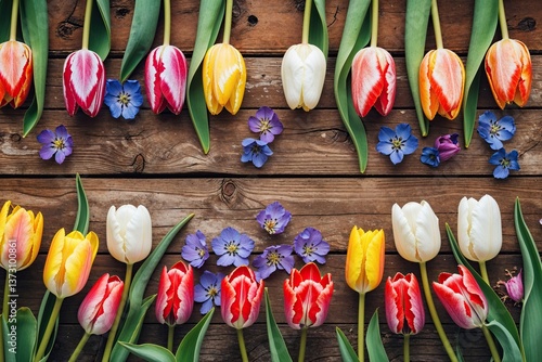 Vibrant Tulip Flowers on Rustic Wooden Background Colorful Spring Summer Border Design