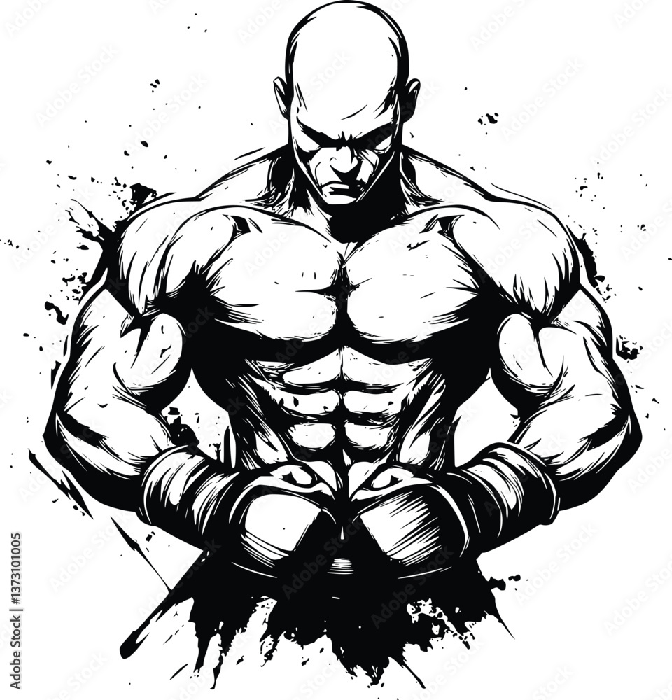 Fototapeta premium Bold Black and White Grunge Illustration of a Muscular Boxer in Action Pos