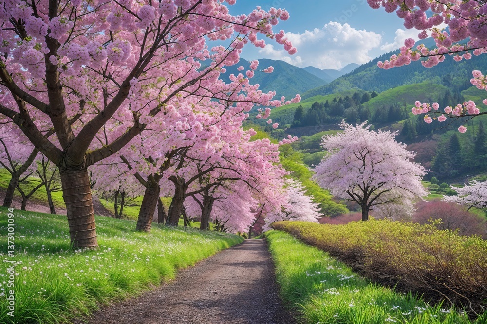 Vibrant Spring Scenery Featuring Cherry Blossom Blooms and Lush Greenery Vibrant Spring Scenery Featuring Cherry Blossom Blooms and Lush Greenery