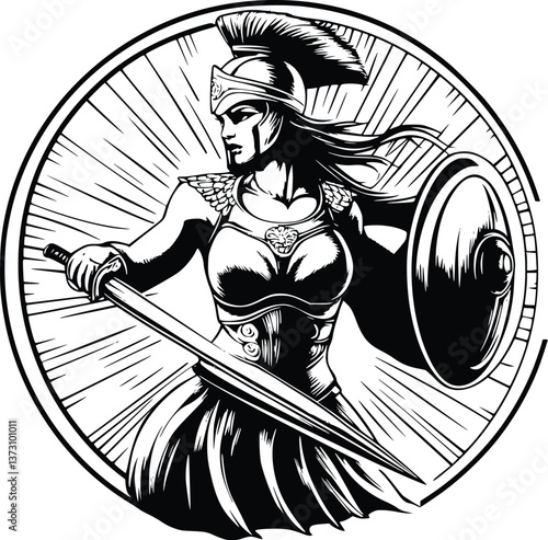 Striking Vector Emblem of a Warrior Goddess Brandishing a Sword in Black and White Circular Logo
