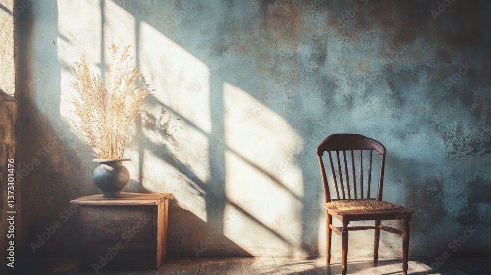 Minimal rustic interior with single wooden chair and dried plant