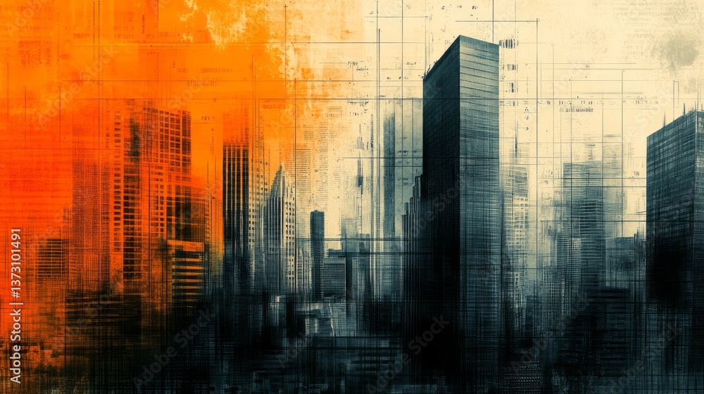 Obraz premium Abstract cityscape art piece featuring prominent tall buildings