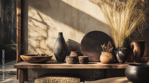 Wabi-sabi ceramic and dried plants in warm natural light