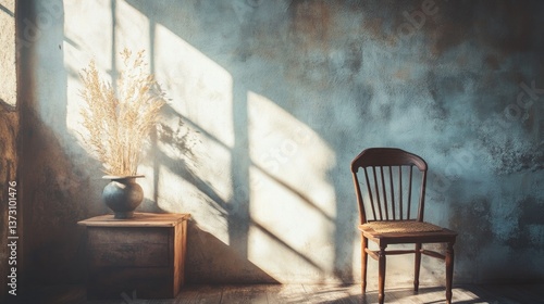 Minimal rustic interior with single wooden chair and dried plant