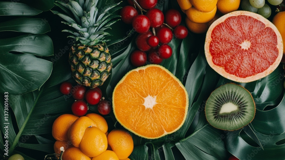 Colorful tropical fruit composition with leaves Colorful tropical fruit composition with leaves