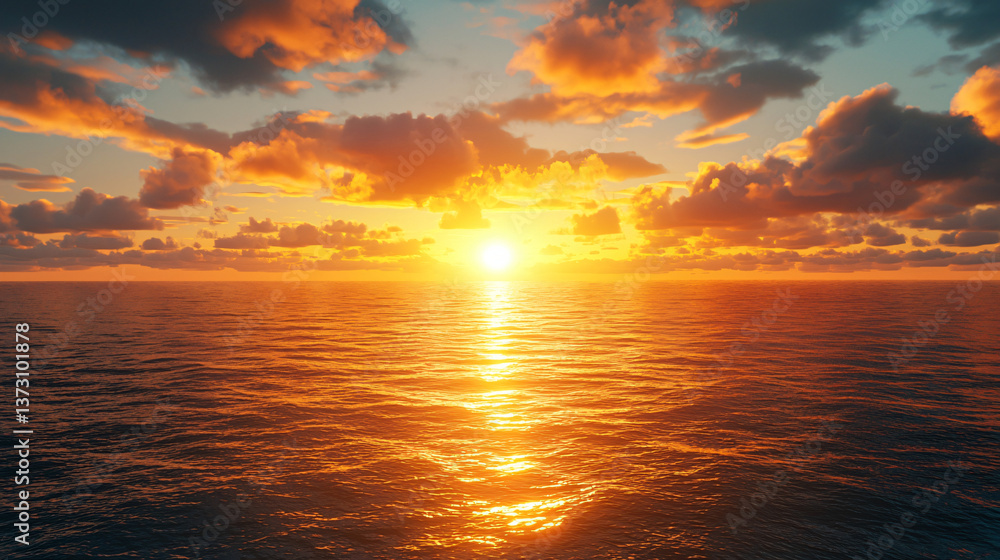 Obraz premium Stunning sunset over the ocean with vibrant golden colors filling the sky and casting a warm glow on the water below.