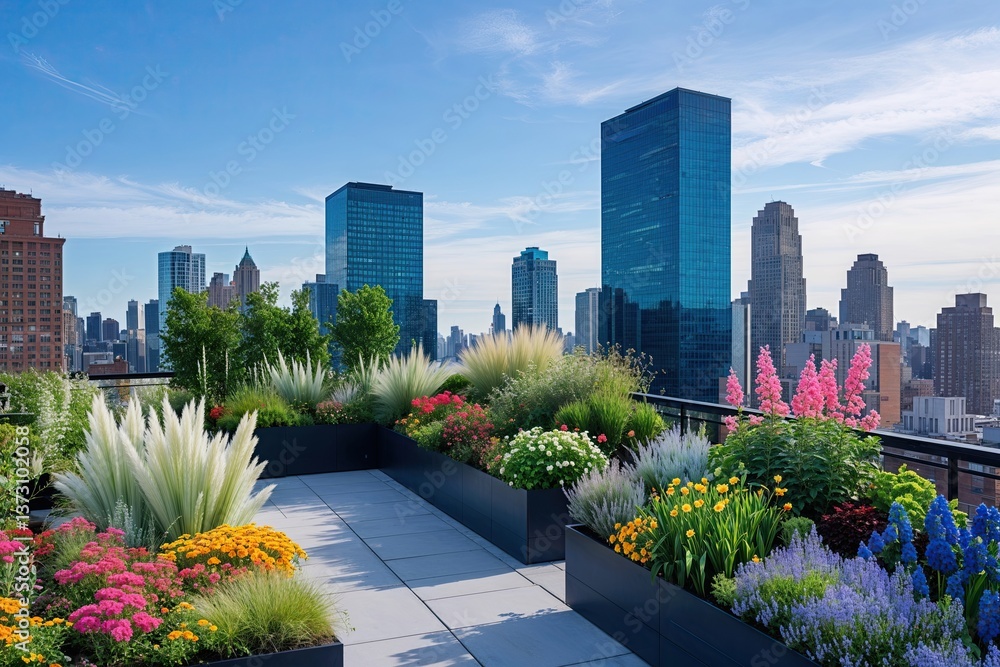 Fototapeta premium Lush Urban Rooftop Garden with Colorful Plants and Flowers against a Cobalt Blue Skyline