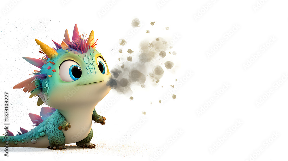 Fototapeta premium A cartoonish green dragon with a blue tail and pink. AI Generated