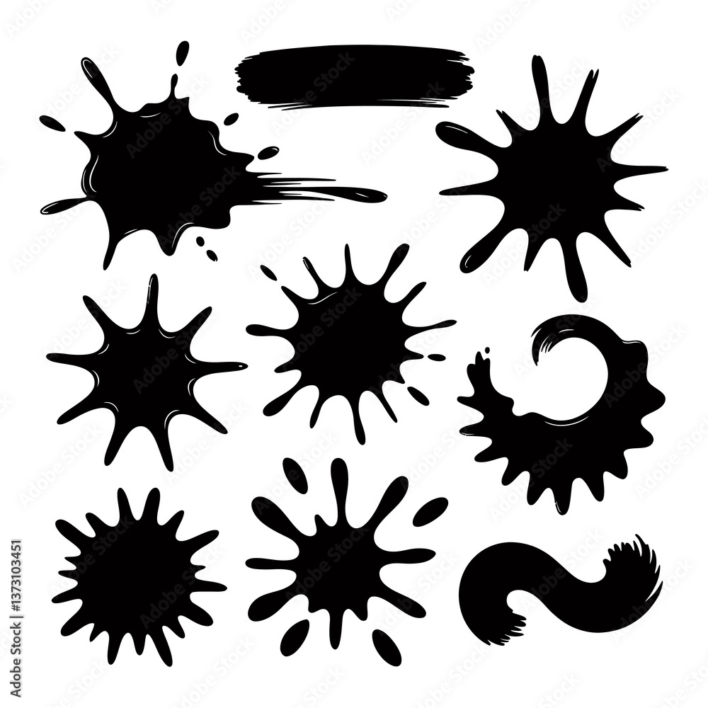 A collection of nine black ink splatters and brush strokes are spread across a white background, each with unique shapes and dynamics A collection of nine black ink splatters and brush strokes are spread across a white background, each with unique shapes and dynamics
