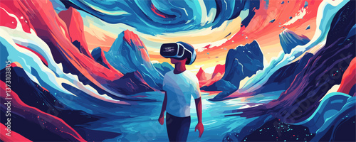 Immersive virtual reality adventure with surreal landscape in vibrant colors - vector