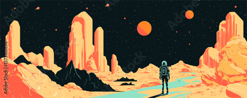 Astronaut exploring alien landscape with orange moons and rock formations - vector