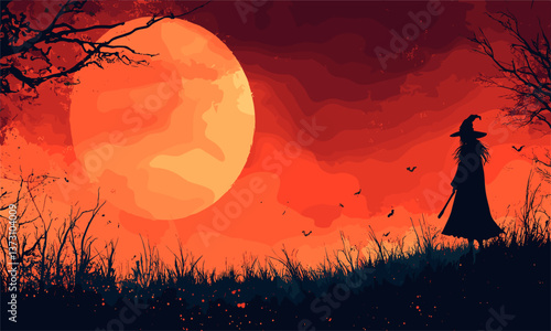 Silhouette of a witch flying with bats against a full moon at dusk - vector