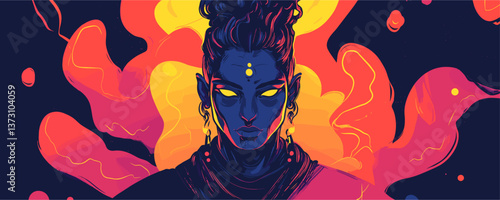 Mystical figure with glowing eyes and fiery aura, vibrant colorful artistic portrait vector