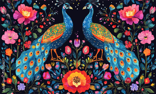 Two elegant peacocks surrounded by colorful flowers in ornate design - vector