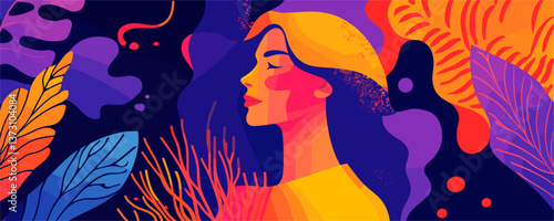 Abstract portrait of contemplating woman with vibrant colors - vector
