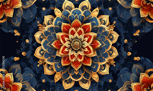 Intricate mandala pattern with golden and blue floral elements - vector