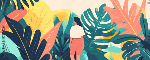 Person walking in colorful tropical jungle with lush foliage vector