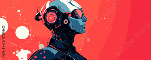Futuristic cyborg with headphones facing sideways against red background - vector