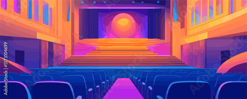 Vibrant theater interior with stage and seating in warm tones - vector