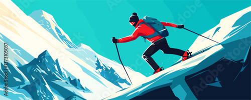 Mountain climber ascending snowy peak with ski poles in winter landscape - vector