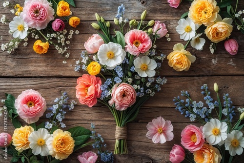 Vibrant Floral Background Featuring Spring Flowers on Rustic Wood