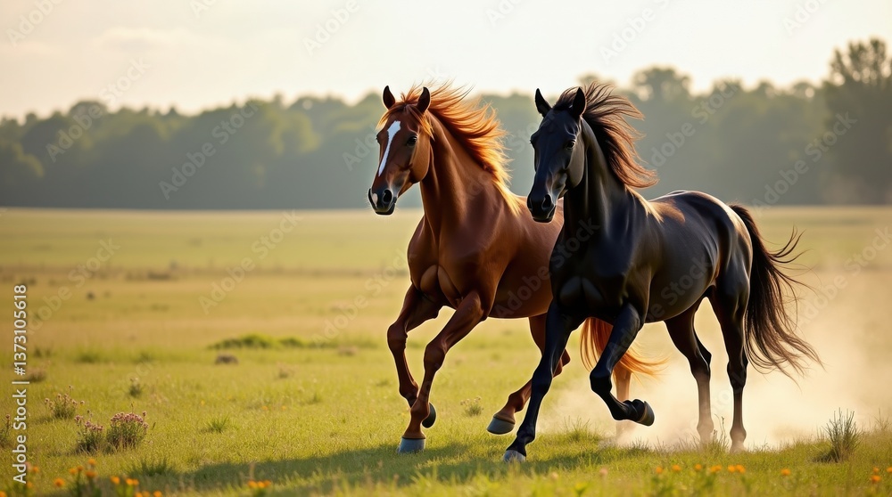 Obraz premium Two horses running in a field, concept of freedom, nature