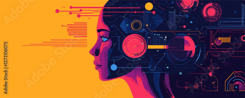 Futuristic woman profile with digital circuit elements on bright background, vector