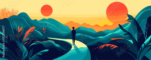 Surreal landscape with silhouetted figure on path at sunset, vibrant nature scene - vector