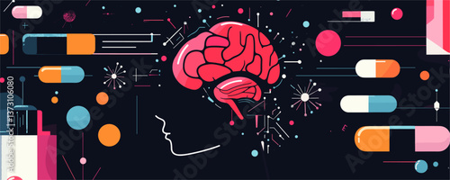 Human brain and medicine concept with capsules and circuits in dark background - vector