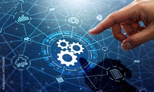 Businessman touching gears icon on network connection.