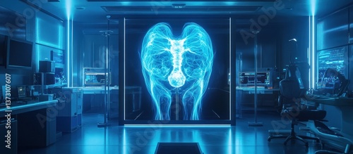 Futuristic Medical Scan:  A High-Tech Laboratory with a Holographic Spinal Projection