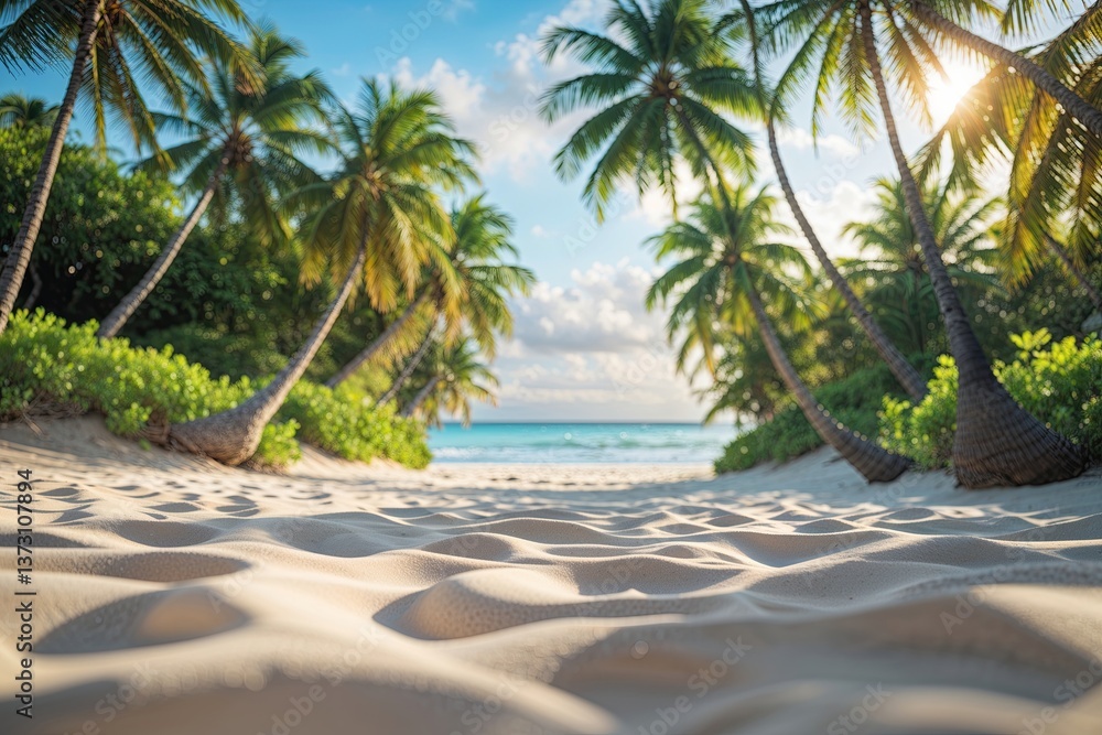 Fototapeta premium Vibrant Tropical Beach Scene with Soft Sand and Lush Palm Tree Bokeh Effects
