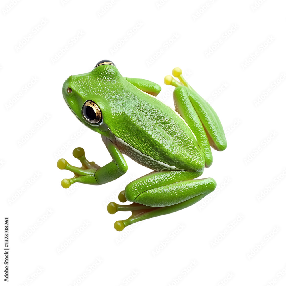 Naklejka premium Tiny Tree Frog Climbing on a Bright Green Leaf Isolated on Transparent Background