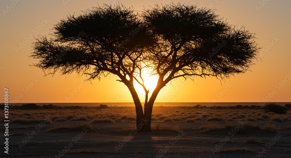 A lone acacia tree silhouetted against a vibrant African sunset, a symbol of resilience and enduring beauty in the vast savanna landscape. A lone acacia tree silhouetted against a vibrant African sunset, a symbol of resilience and enduring beauty in the vast savanna landscape.