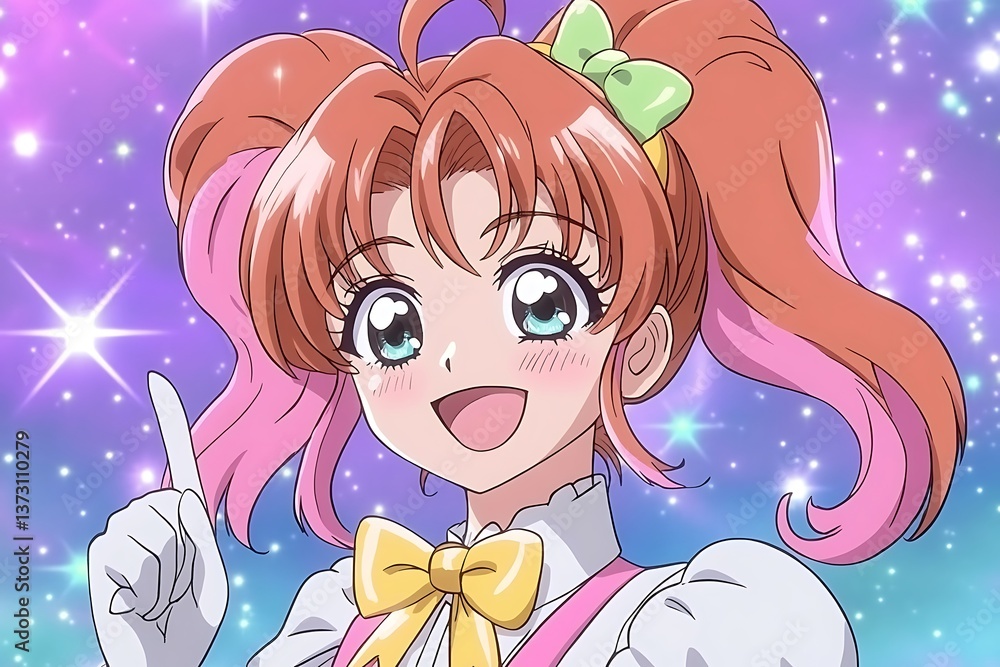 A young cartoon character with vibrant hair and joyful expression A young cartoon character with vibrant hair and joyful expression