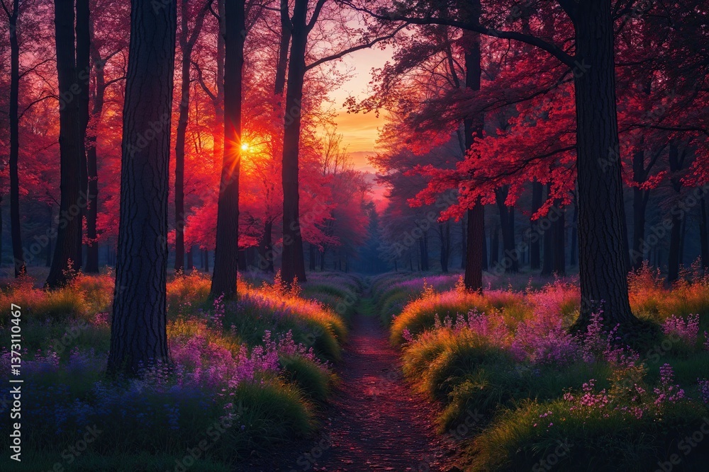 Fototapeta premium Enchanting Forest Landscape at Dusk Featuring Sunset Illumination