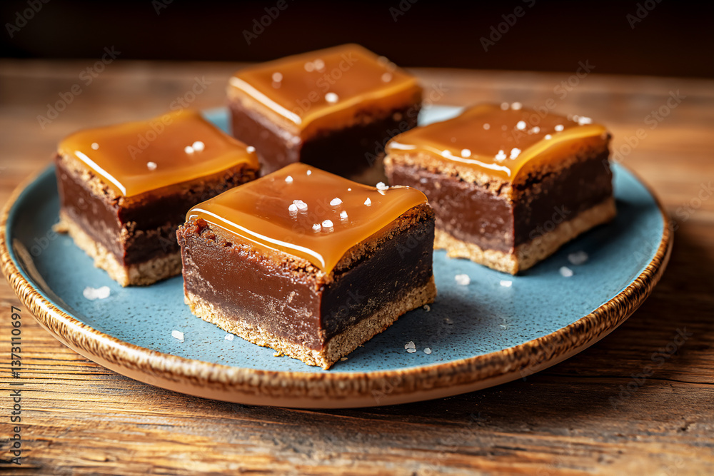 Delicious pieces of chocolate with salted caramel on rustic blue plate Delicious pieces of chocolate with salted caramel on rustic blue plate