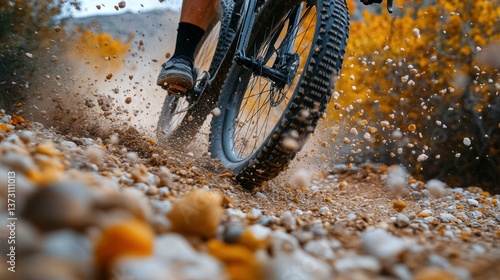 Mountain biker navigating a rocky trail.  Close-up view of a cyclist's foot and tire splashing through a dirt path. Autumn leaves scattered in the background photo