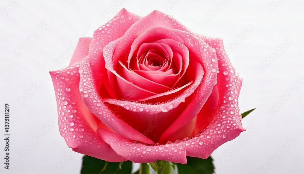 Fototapeta premium Single pink rose with water droplets on petals against pure white background