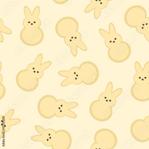 Marshmallow peeps pattern, Easter bunnies seamless background. Small cute yellow rabbit candy. Collection sweet confectionery. Vector illustration
