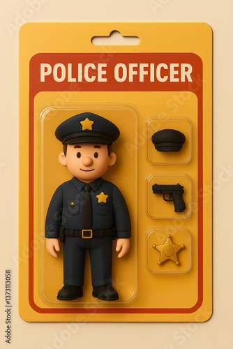 Minimalist police officer figure with badge and gear in yellow retail packaging