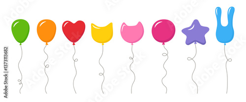 Balloons set illustration. Cartoon various shaped balloons. Every single balloon is isolated. Birthday celebration, festivities events, party decorations, greeting cards vector abstract designs art