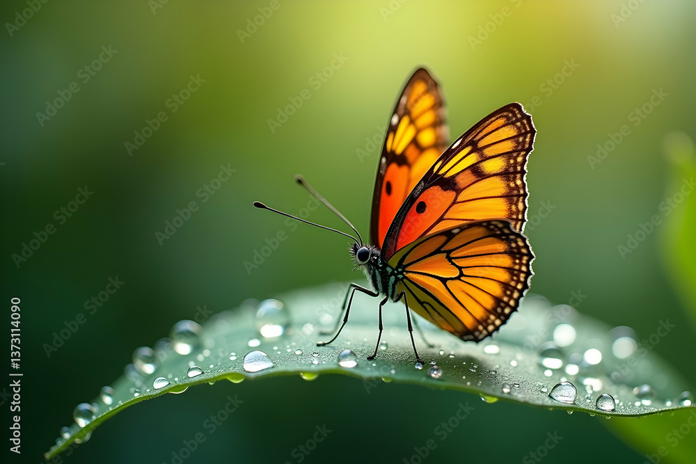 Captivating Monarch Butterfly on Dew Kissed Leaf, A Study in Nature's Delicate Balance and Vibrant Beauty, showcasing exquisite detail and serene natural ambiance Captivating Monarch Butterfly on Dew Kissed Leaf, A Study in Nature's Delicate Balance and Vibrant Beauty, showcasing exquisite detail and serene natural ambiance