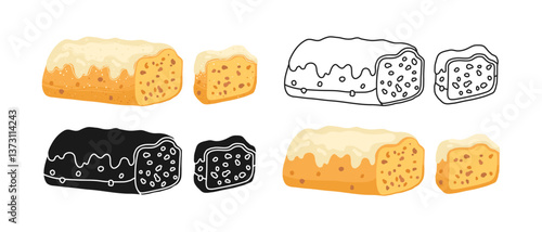 Cake traditional German Christmas Stollen symbol. Pie cupcake dessert with dried fruit raisins icing glaze. Pastry desserts hand drawn flat outline silhouette set. Textured cartoon vector illustration