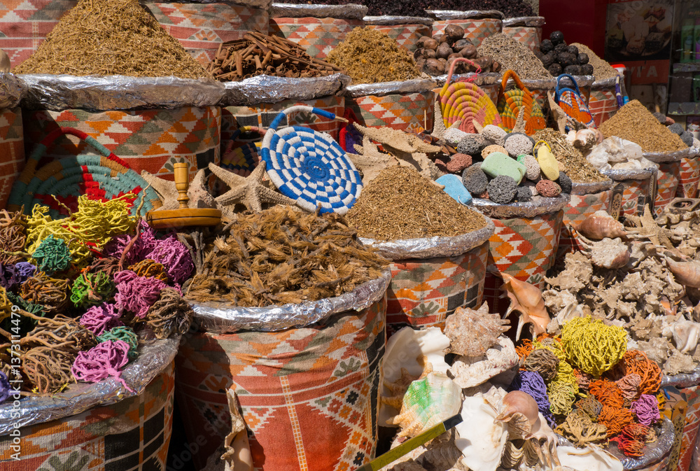 Exhibition of herbs and spices at the bazaar in the Old City, Egypt